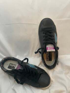 Golden Goose Super-Star Black Leather Blue Star Glitter Sneakers EU 37 Excellent
